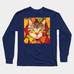 Tabby Kitten in Fall Leaves Long Sleeve T-Shirt